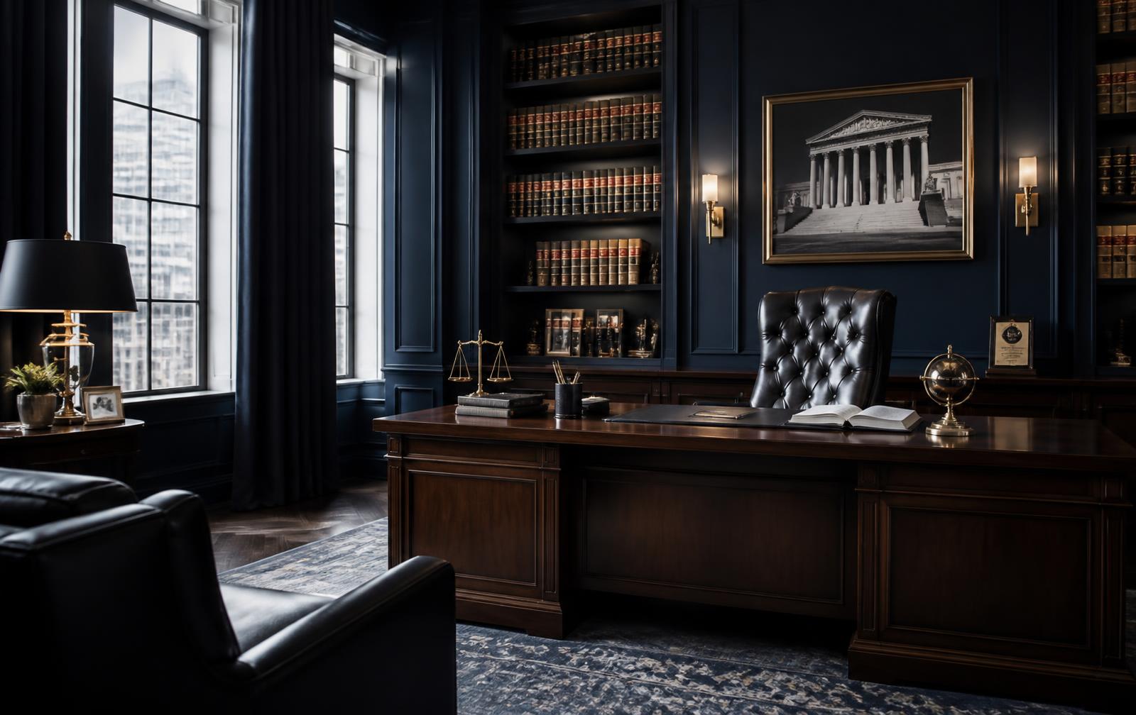 Interior sofisticado de escritório de advocacia com estantes de livros jurídicos